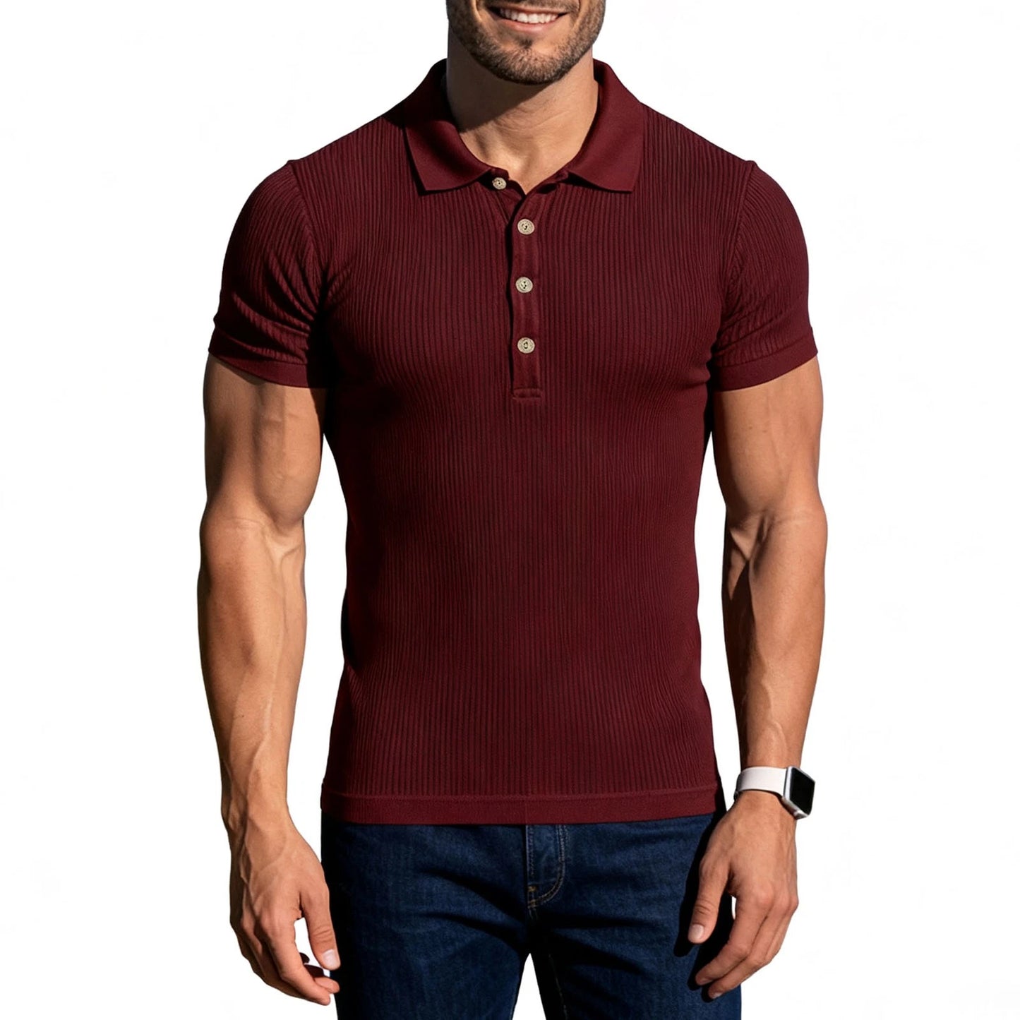 Men Short Sleeve Muscle Shirts Turn Down Collar Pure Color Striped Slim Fitting
