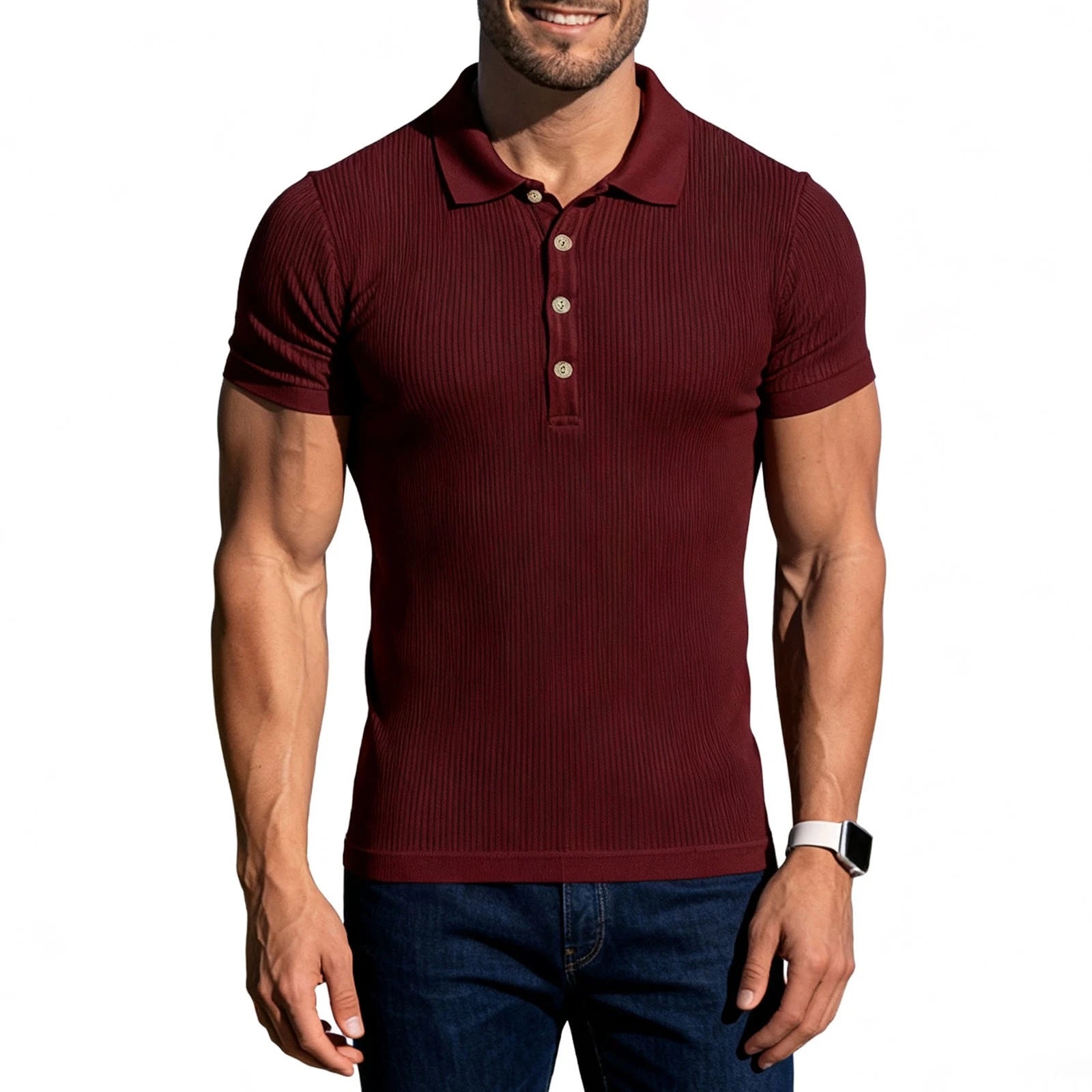 Men Short Sleeve Muscle Shirts Turn Down Collar Pure Color Striped Slim Fitting