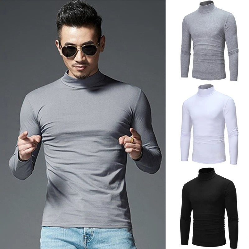 Trendy Men's Casual Slim Fit Turtleneck Top in Solid Color for Stylish Outfit