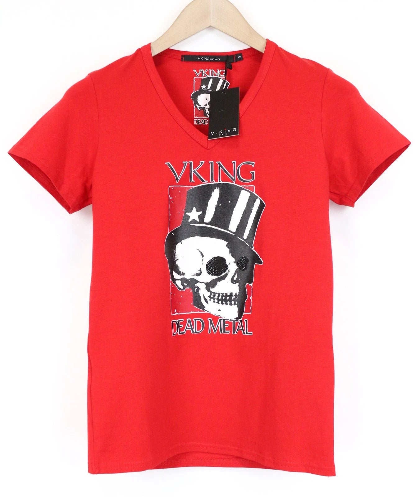 Vking Mens T-SHIRT S Cotton Red Stretch Graphic Skull V-Neck Short Sleeve