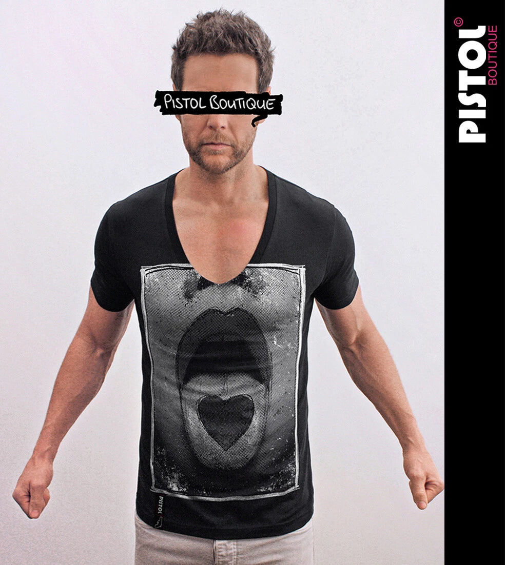 Pistol Boutique Men's Fitted Black Deep V neck HEART TONGUE Fashion T-shirt