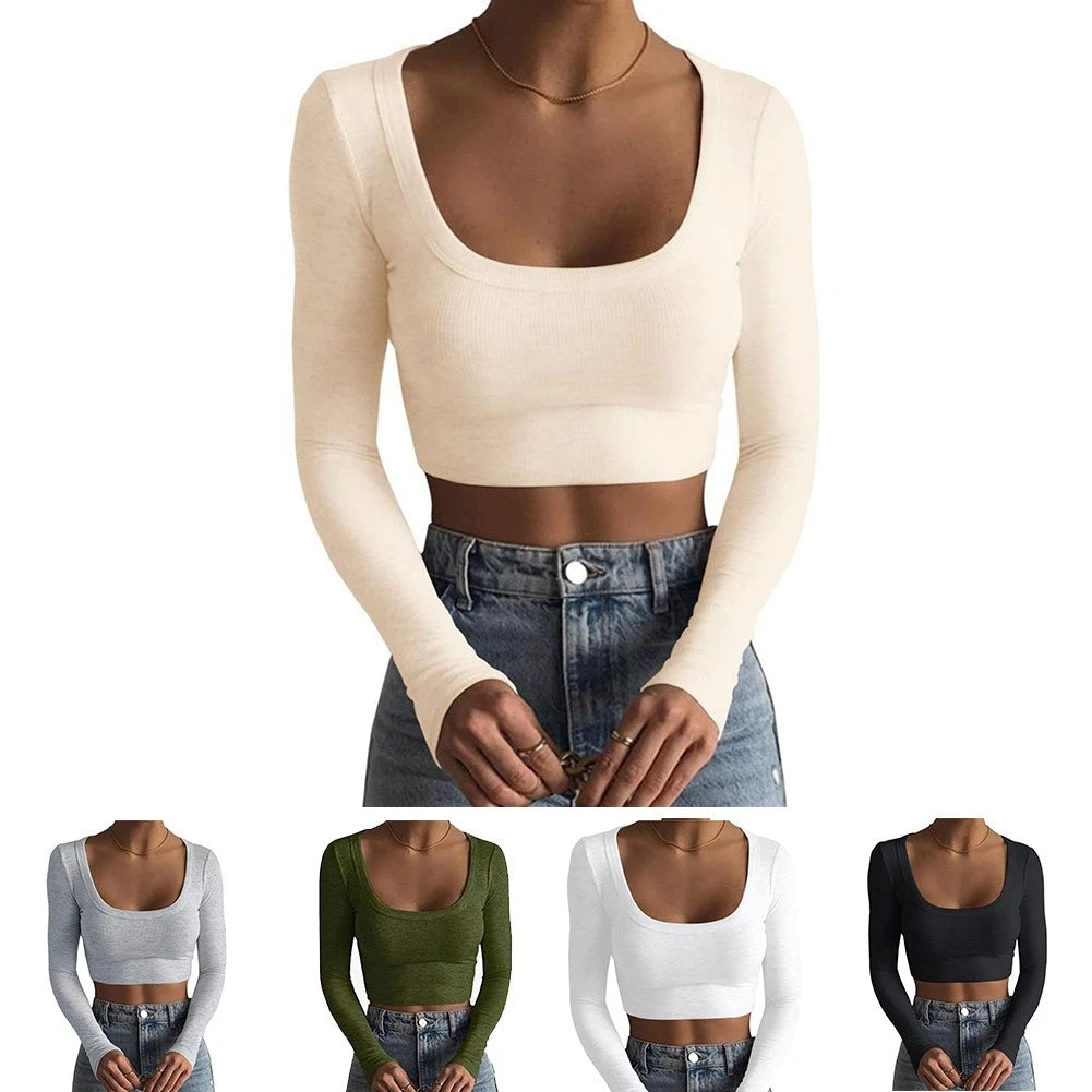 Long Sleeve Round Neck Threaded Slim Fit T Shirt with Exposed Navel Base