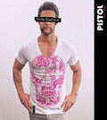 Pistol Boutique Men's Fitted White Deep V neck SKETCH ROSES SKULL CROSS T-shirt