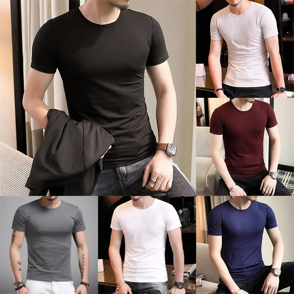 Short Sleeve Round Neck Slim Fit T Shirt for Men Solid Color Base Layer