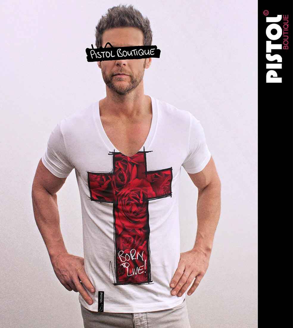 Pistol Boutique Men's Fitted White Deep V Neck Pink Cross Print T-Shirt