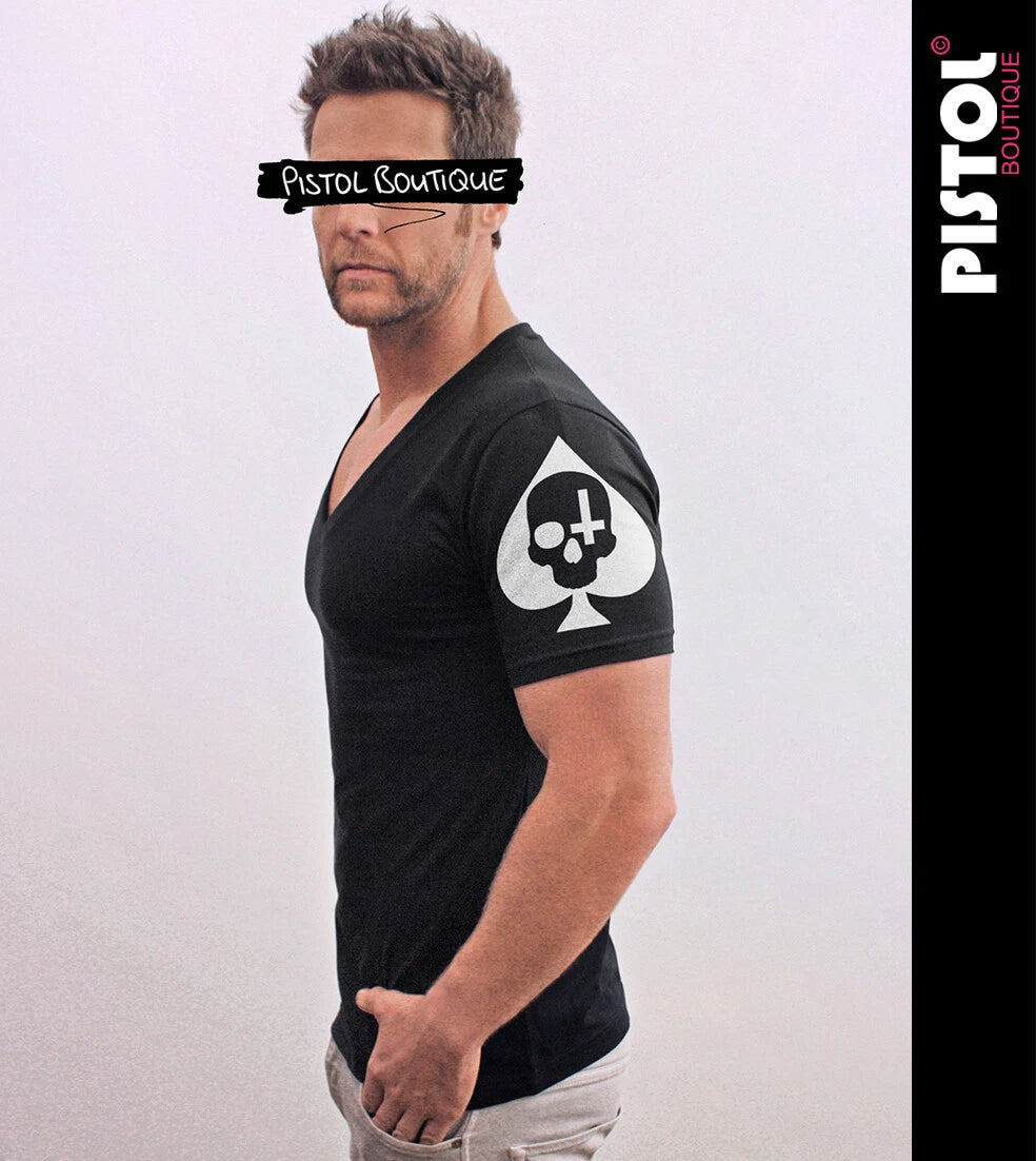 Pistol Boutique Herren Slim Fit Schwarzes Deep V-Neck T-Shirt Totenkopf Ass