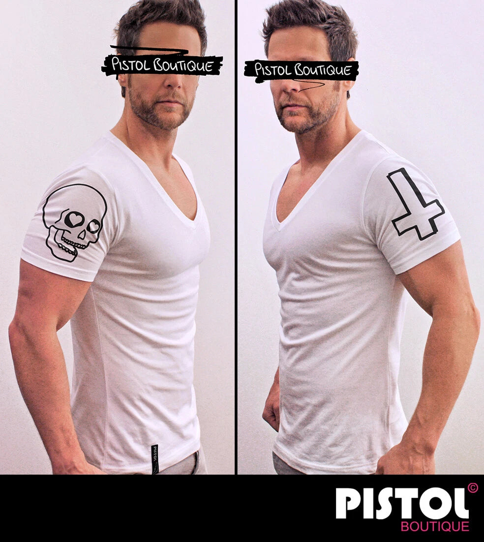 Pistol Boutique Men's Fitted White Deep V neck Sleeve DOODLE SKULL CROSS T-shirt