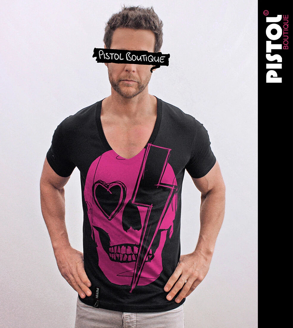 Pistol Boutique Herren Slim Fit Schwarzes Deep V-Neck David Bowie Skull T-Shirt