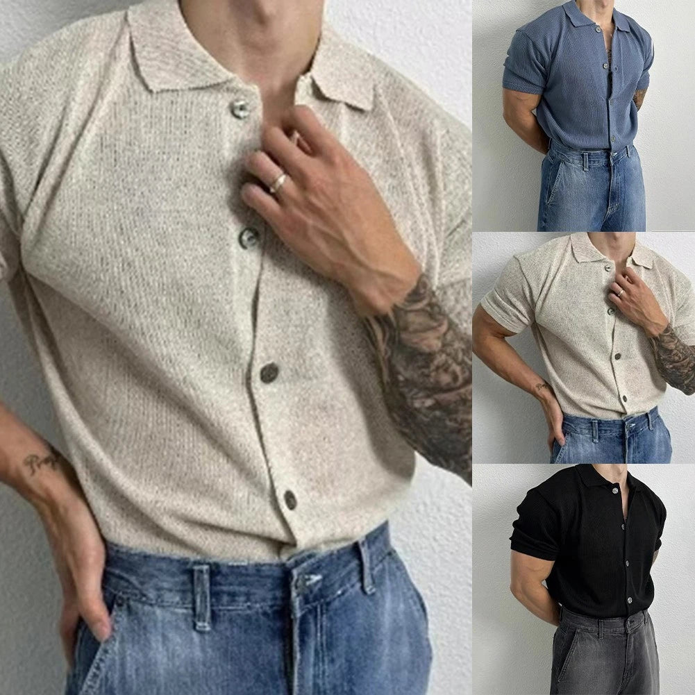 Men's Casual Knitted T Shirt Short Sleeve Slim Fit Lapel Button Down Top