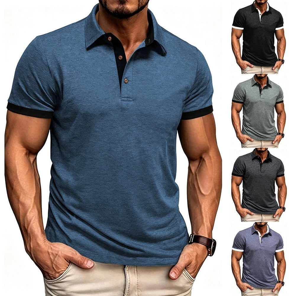 Short Sleeve Slim Fit Men T-Shirt Pullover Top with Lapel and Front Buttons