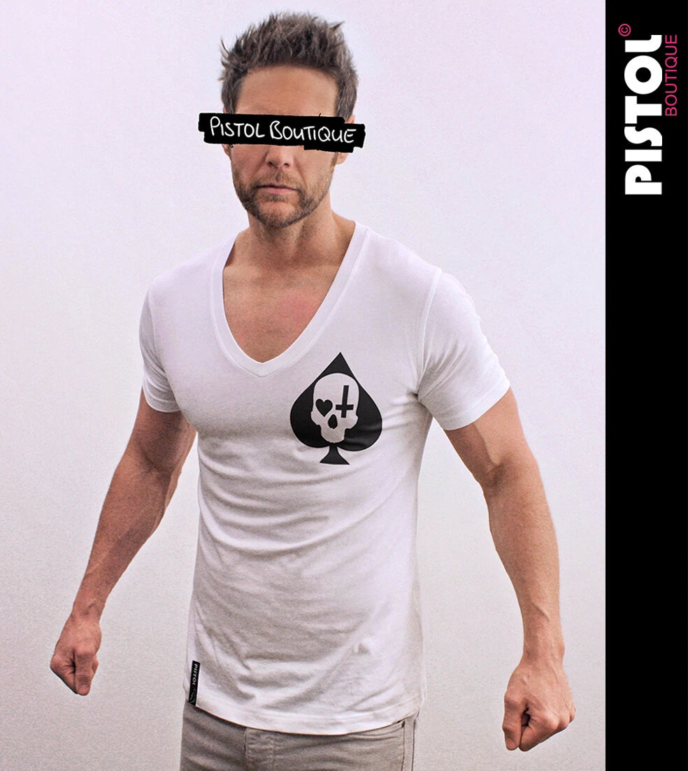 Pistol Boutique Herren Slim Fit Weiß Deep V-Ausschnitt ACE OF SPADES T-Shirt