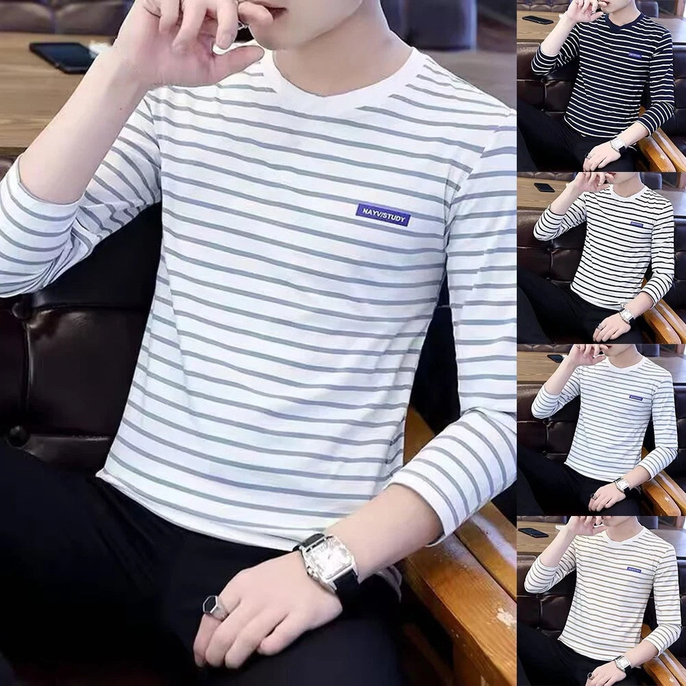 Men's Korean Stripe T-Shirt Long Sleeve Round Neck Casual Slim Fit Top