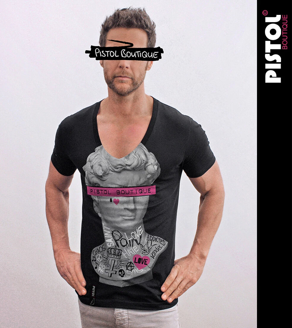 Pistol Boutique men's Black Fitted Deep V neck GRAFFITI TATTOOS STATUE T-shirt