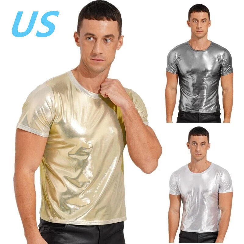 FEESHOW AU Men's Shiny Metallic Slim Fit T-shirt Short Sleeve Round Neck Tops