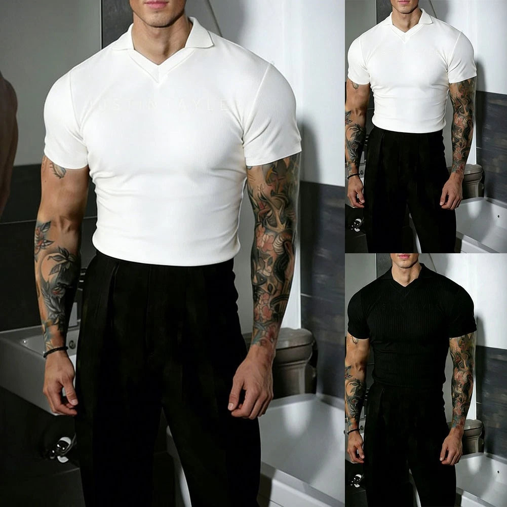 Men's Slim Fit Short Sleeve T-Shirt with Lapel Collar Polyester Spandex