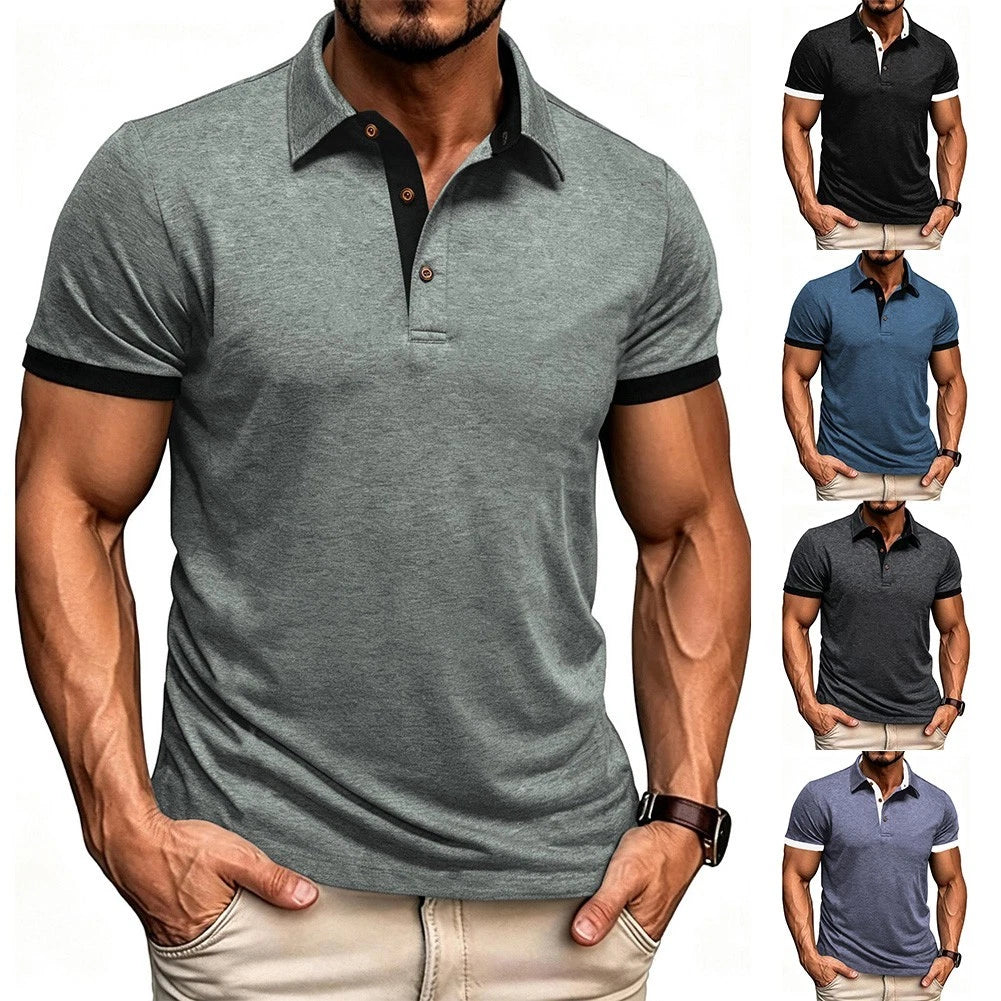 Polyester 95% Spandex 5% Men's Slim Fit Lapel Button Short Sleeve T-Shirt Top