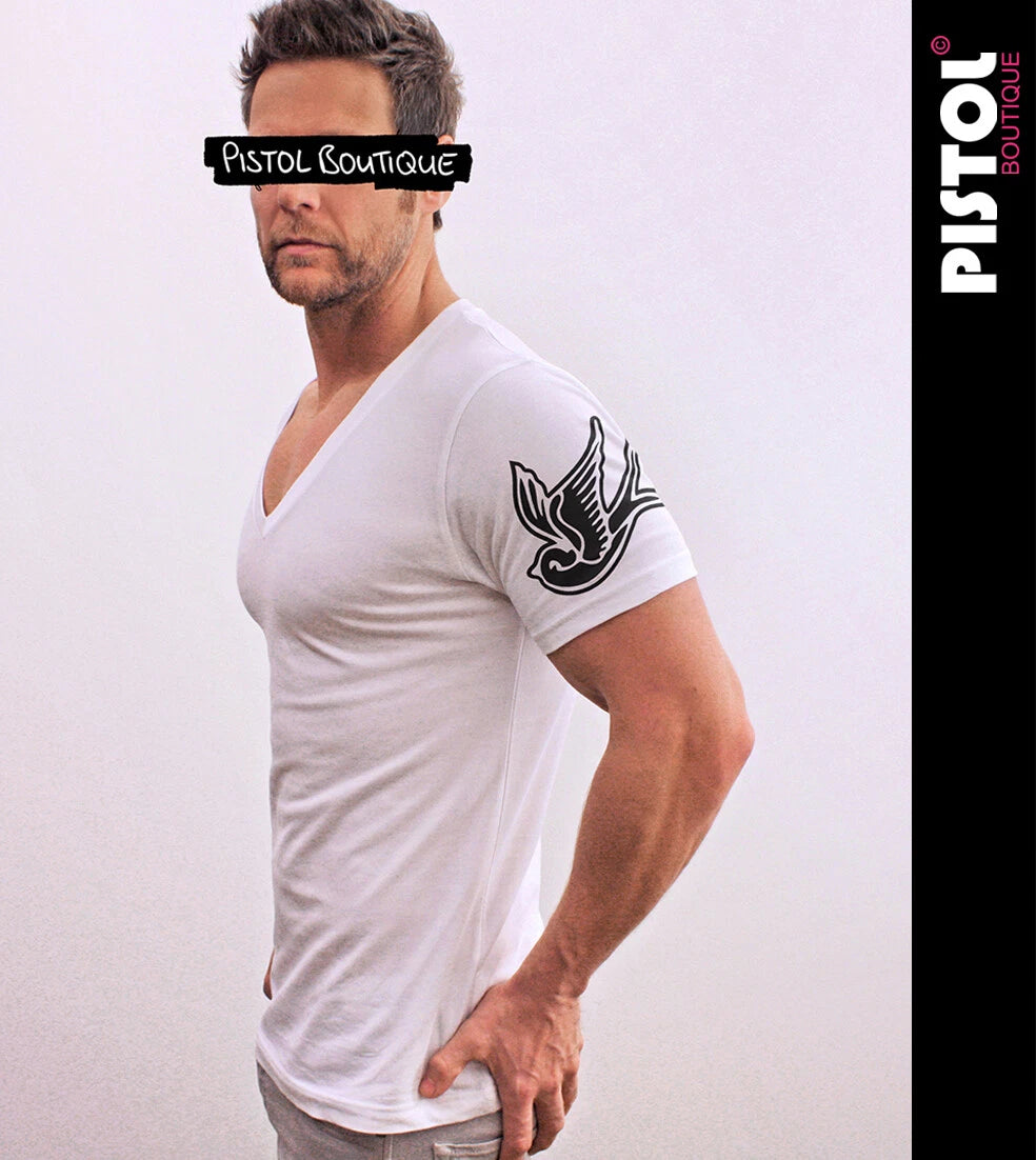 Pistol Boutique Men's Fitted White Deep V neck Sleeve TATTOO SWALLOWS T-shirt