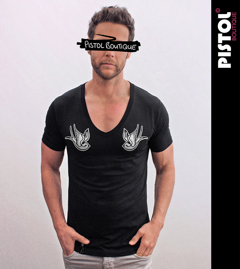 Pistol Boutique men's Black Fitted Deep V neck SHOULDER TATTOO SWALLOWS T-shirt
