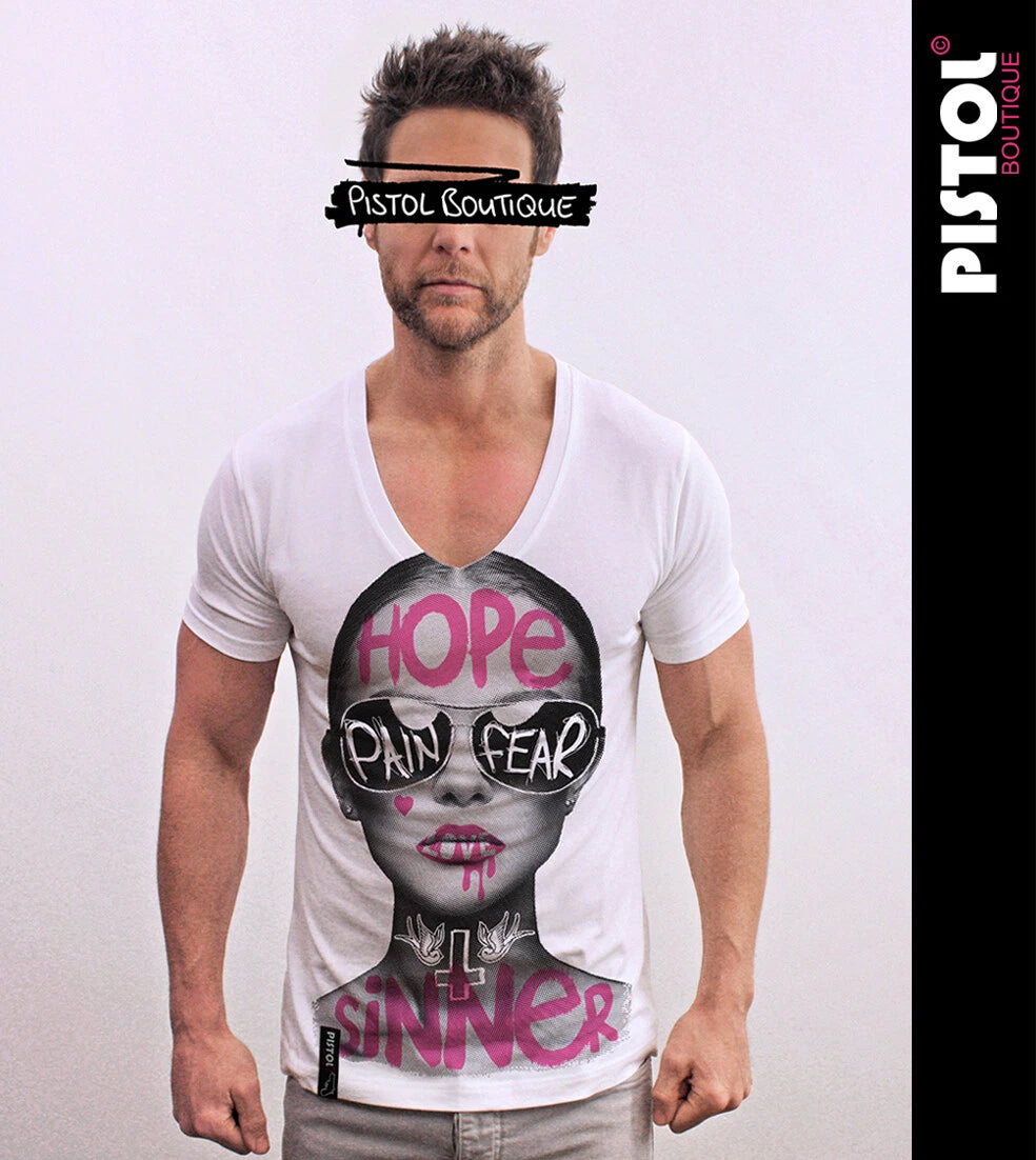 Pistol Boutique men's White Fitted Deep V neck GRAFFITI SUNGLASSES GIRL T-shirt