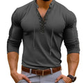 Slim Fit V-Neck Long Sleeve Muscle Tops High Elastic Lace-Up Gym Fitness Shirt
