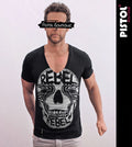Pistol Boutique Men's Fitted Black Deep V neck REBEL SWALLOWS EYE SKULL T-shirt