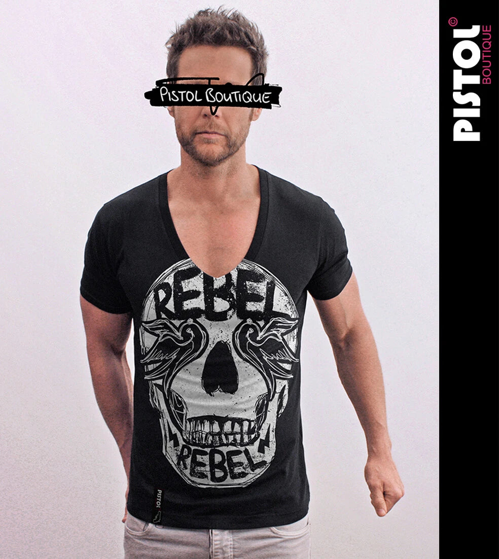 Pistol Boutique Men's Fitted Black Deep V neck REBEL SWALLOWS EYE SKULL T-shirt