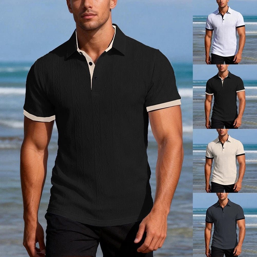 Men Slim Fit Short Sleeve Jacquard T-Shirt with Button Collar Casual Top