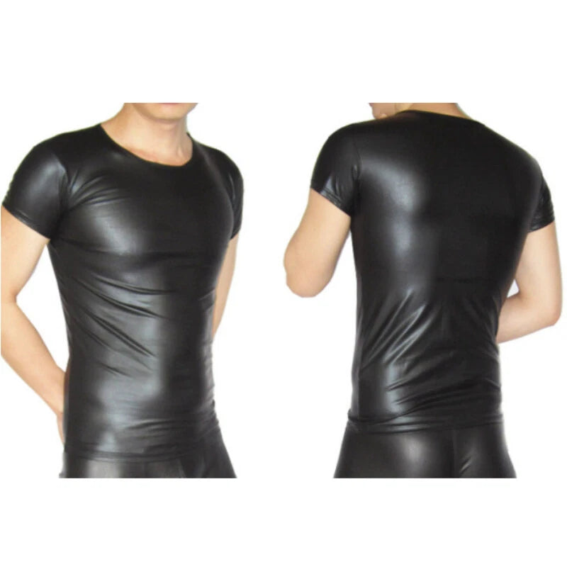 Men Faux Leather T-Shirt Matte Stretchy Slim Fitted Short Sleeve Tops Soft