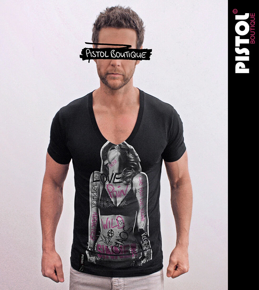 Pistol Boutique mens Fitted Black Deep V neck GRAFFITI TATTOO WORDS GIRL T-shirt