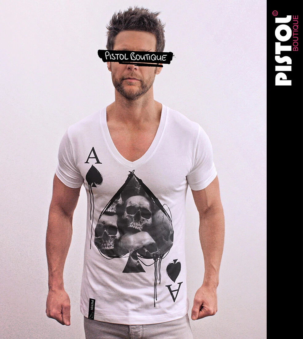 Pistol Boutique Herren Slim Fit Weißes Deep V-Neck ACE OF SPADES Skull T-Shirt