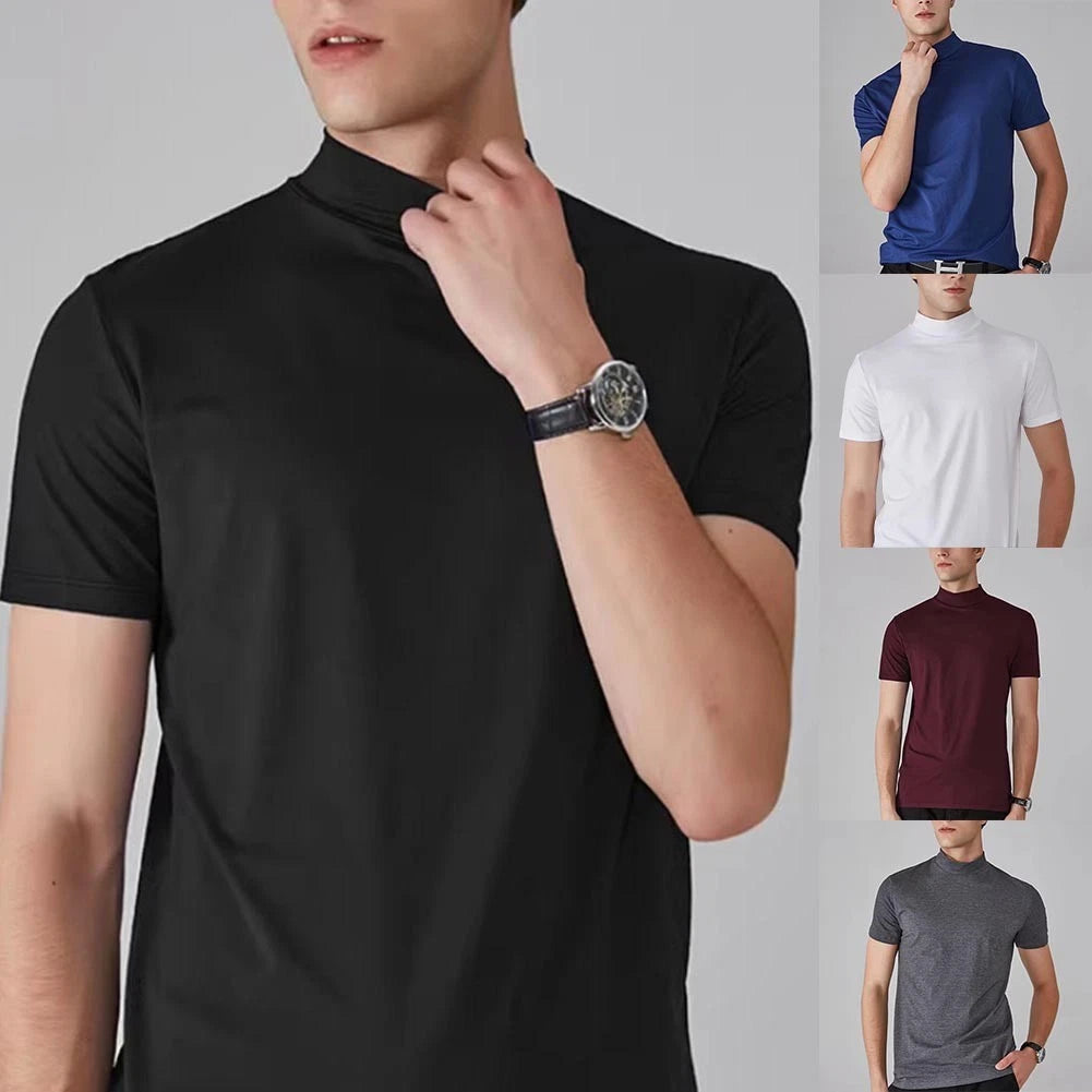 Mens Slim Fit Tee Short Sleeve Top 95%Polyester 5%Spandex Half High Neck