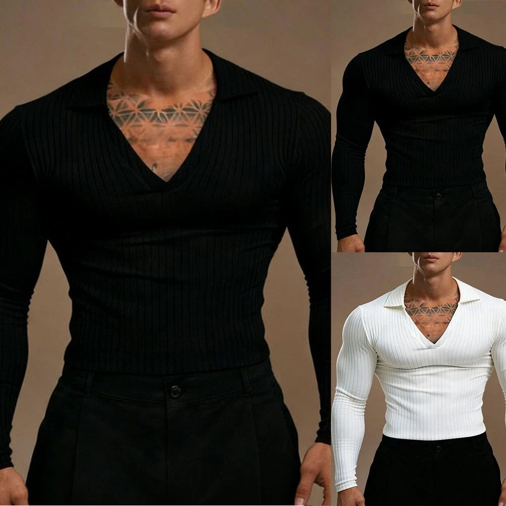 Men's Striped Pullover Top with V Neck Regular Length and Long Sleeve Design