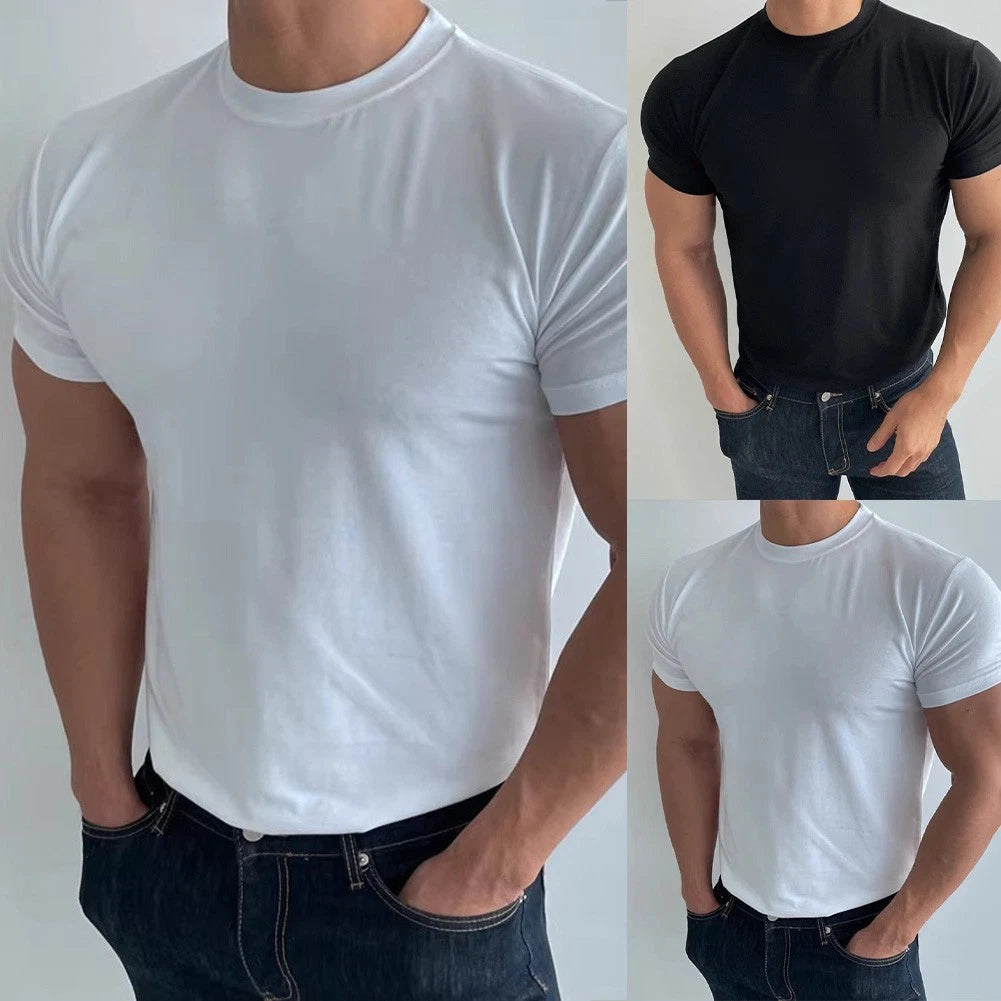 Men Slim T-Shirt Slim Fit Round Neck Solid Color Polyester Spandex Blend