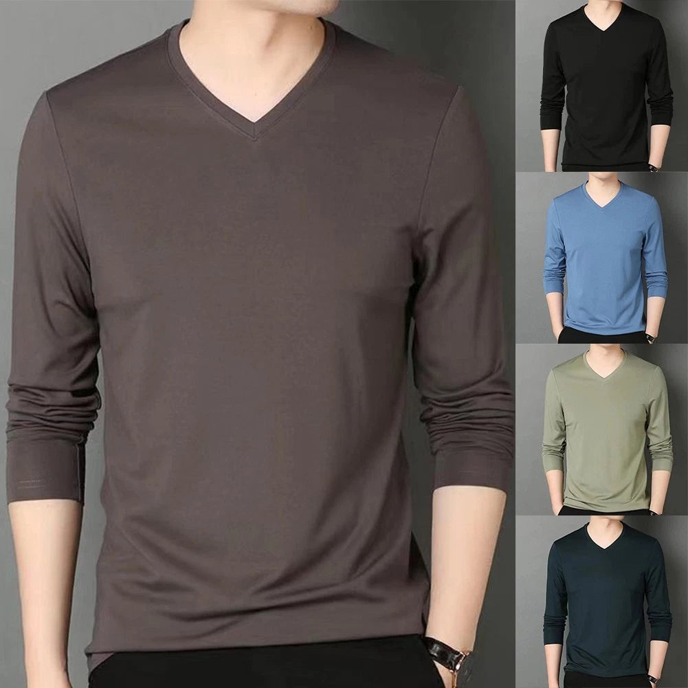 Men's Casual Slim Fit V Neck Long Sleeve T Shirt Muscle Workout Tee Top Brown