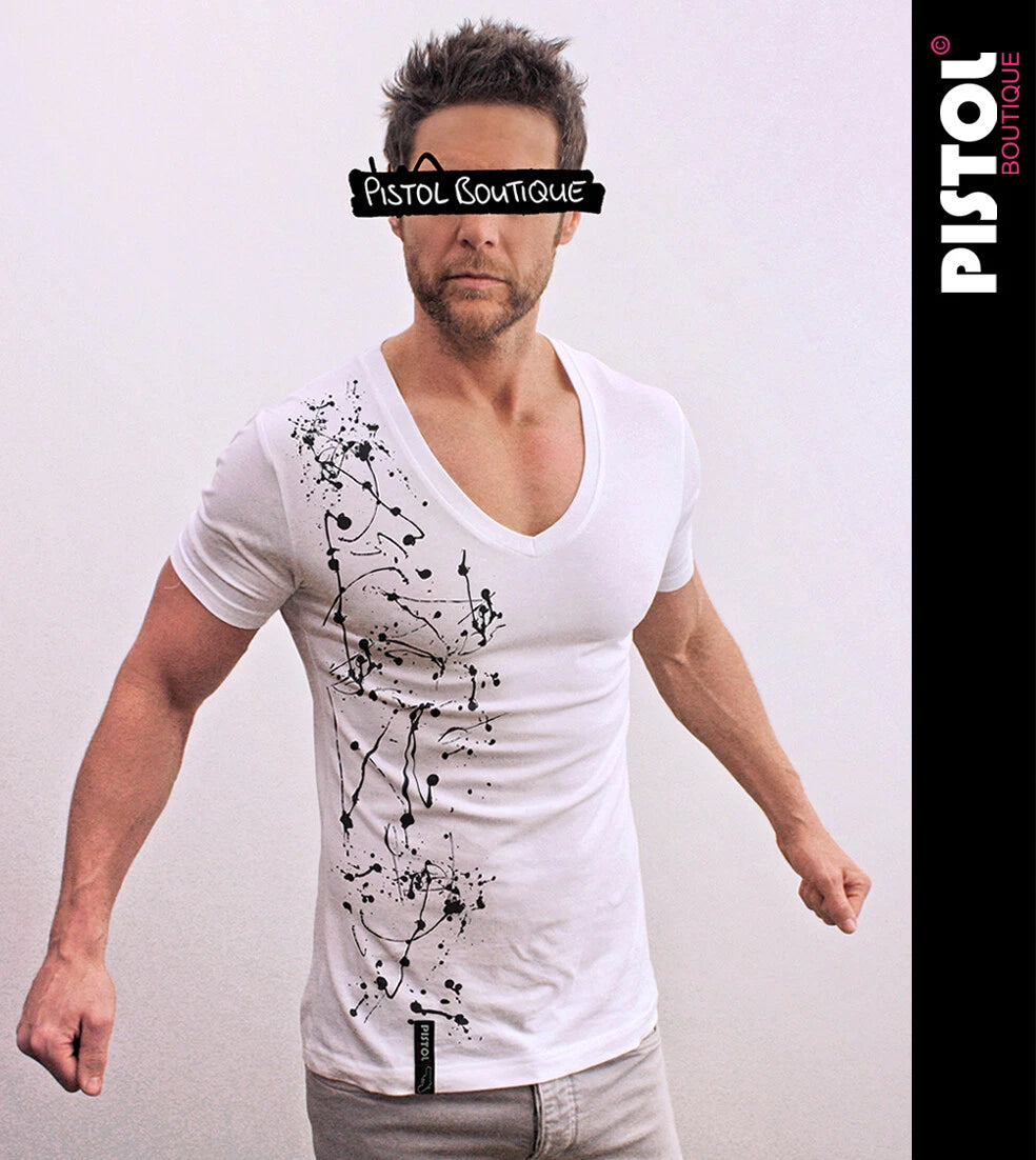Pistol Boutique Herren Slim Fit Weiß Deep V-Neck Graffiti Paint Splats T-Shirt