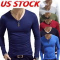Men V Neck Shirt Muscle Tops Slim Fit Long Sleeve Stretch T-Shirt AU