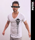 Pistol Boutique Men's Fitted White Deep V neck HOPES FEARS CHEST SKULL T-shirt