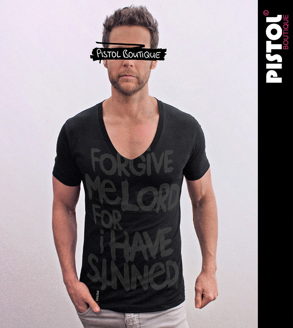 Pistol Boutique Herren Slim Fit Schwarz Deep V-Neck T-Shirt Zitat-Print