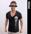 Pistol Boutique Herren Slim Fit Schwarzes V-Ausschnitt Skull T-Shirt