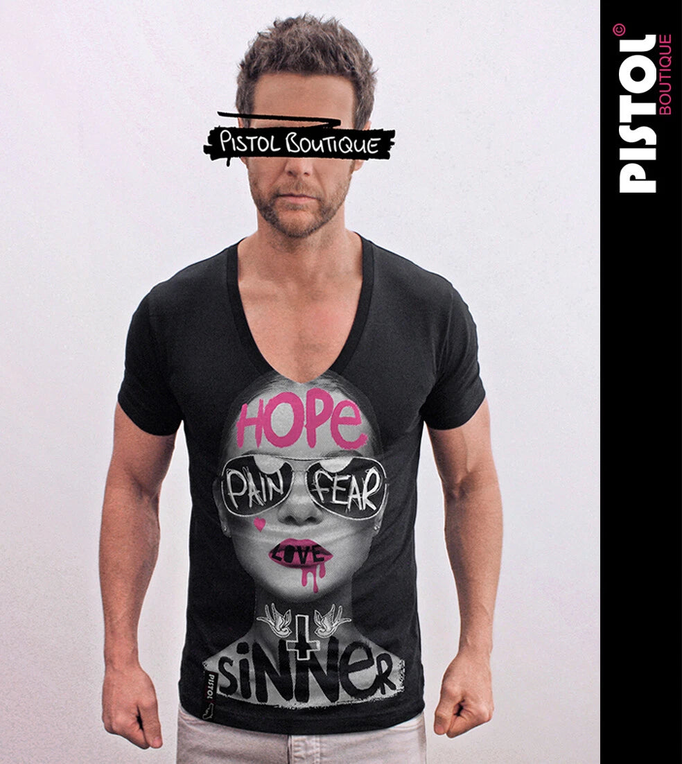 Pistol Boutique Men's Fitted Black Deep V Neck GRAFFITI SUNGLASSES GIRL T-shirt
