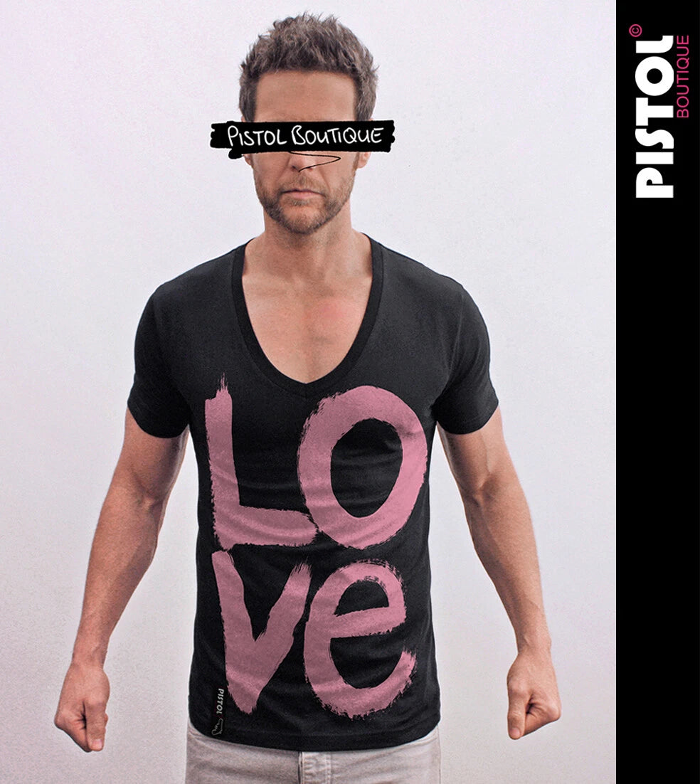 Pistol Boutique Men's Black Fitted Deep V Neck T-Shirt LOVE GRAFFITI
