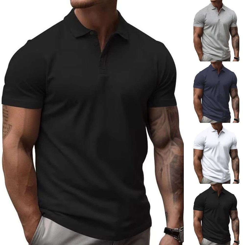 Men Streetwear Turn Down Collar Short Sleeve T Shirt Slim Fit Polyester White