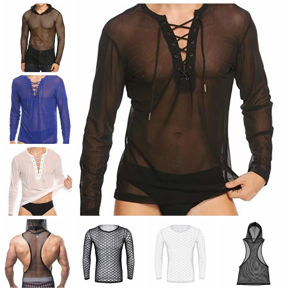 Men's Long Sleeve Fishnet Mesh T-shirt Top Blouse Clubwear Costumes Undershirts