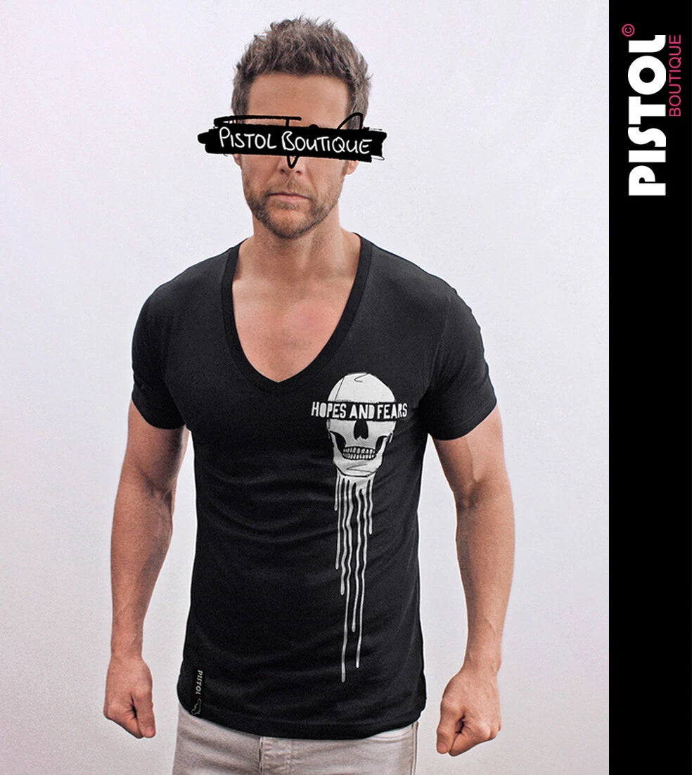 Pistol Boutique Men's Fitted Black Deep V neck HOPES FEARS CHEST SKULL T-shirt