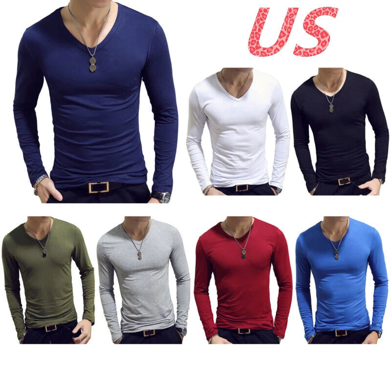 AU Men's Casual Long Sleeve T-Shirt Muscle Slim Fit Undershirts Stretchy Tee Top