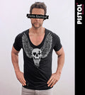 Pistol Boutique Men's Fitted Black Deep V neck CHEST SKULL WINGS HEART T-shirt