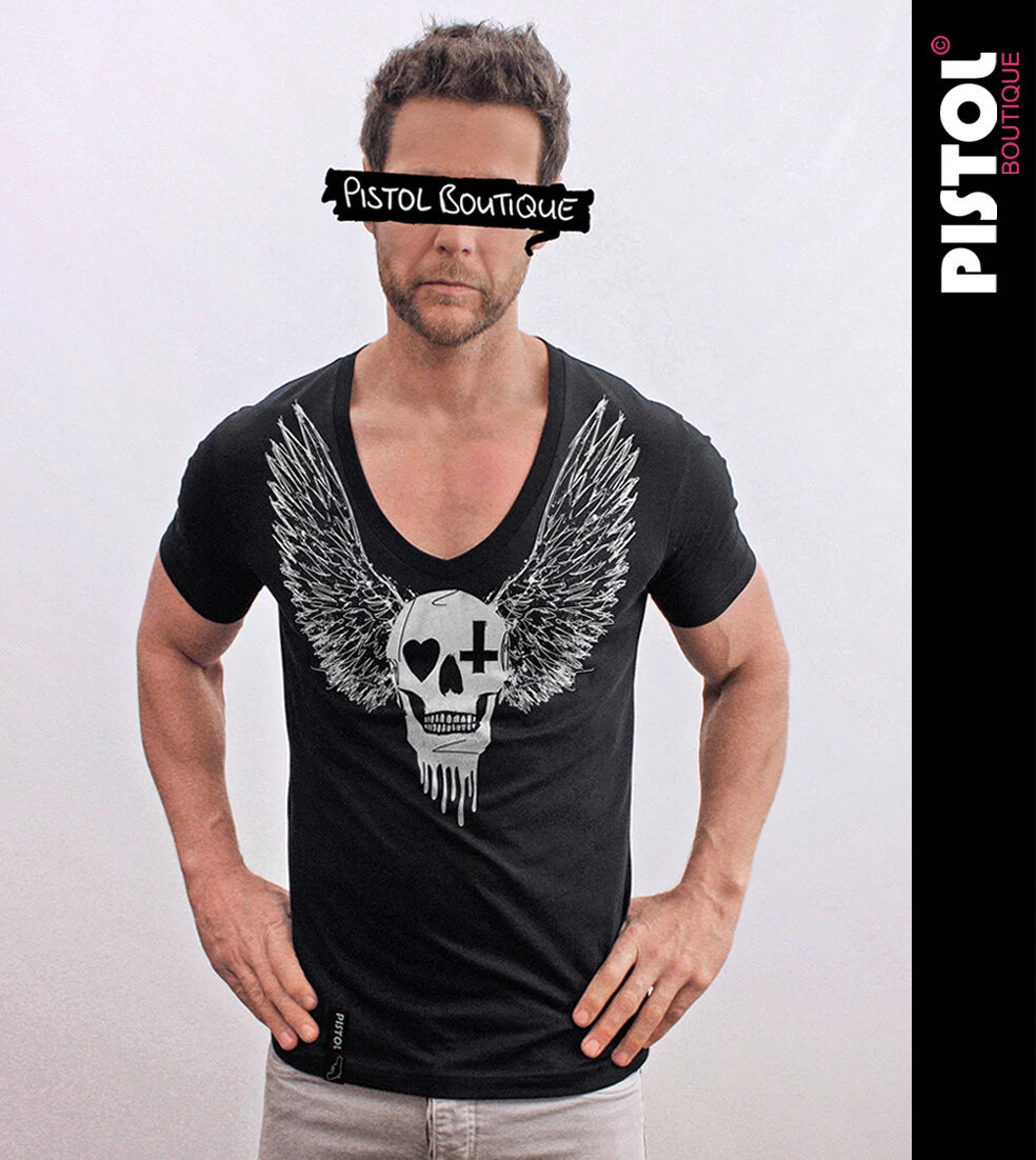 Pistol Boutique Men's Fitted Black Deep V neck CHEST SKULL WINGS HEART T-shirt
