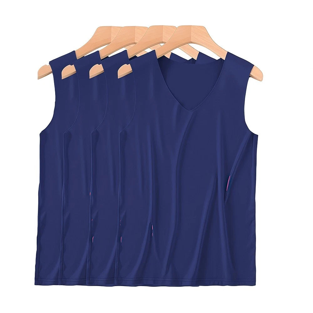 Mens Casual Solid Color V Neck Vest Sleeveless Seamless Ice Silk Fabric