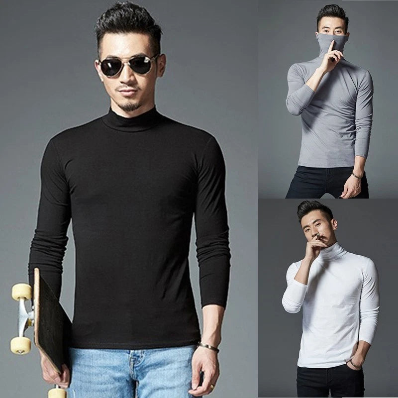 Fashionable Men's Casual Slim Fit Turtleneck Long Sleeve Top Solid Color