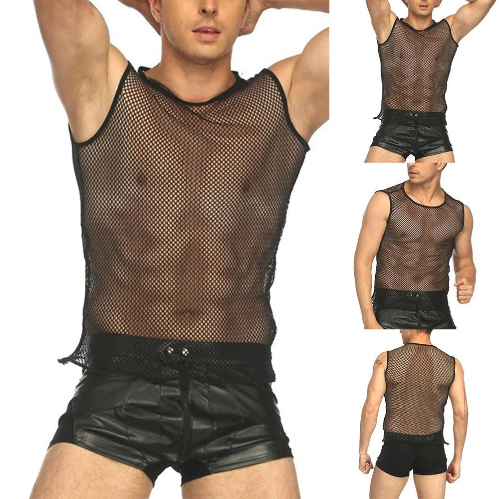 Mens Tank Top Mesh Fishnet String Vest Sleeveless See Through Slim Fit Shirt Top